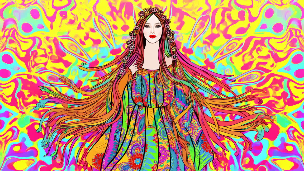 Animazione psichedelica colorata di una donna con capelli fluttuanti