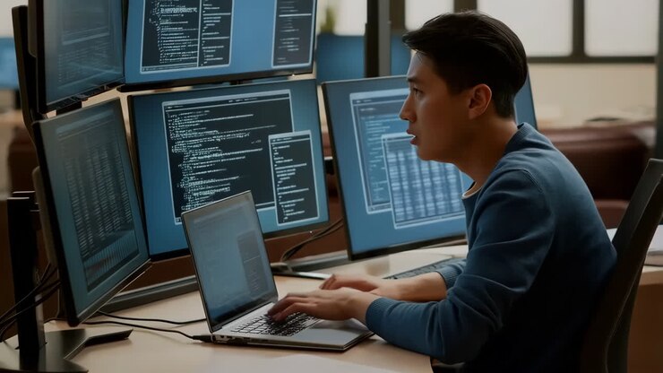 Developer Experiencing Stress While Working at a Multi-Monitor Computer Workstation