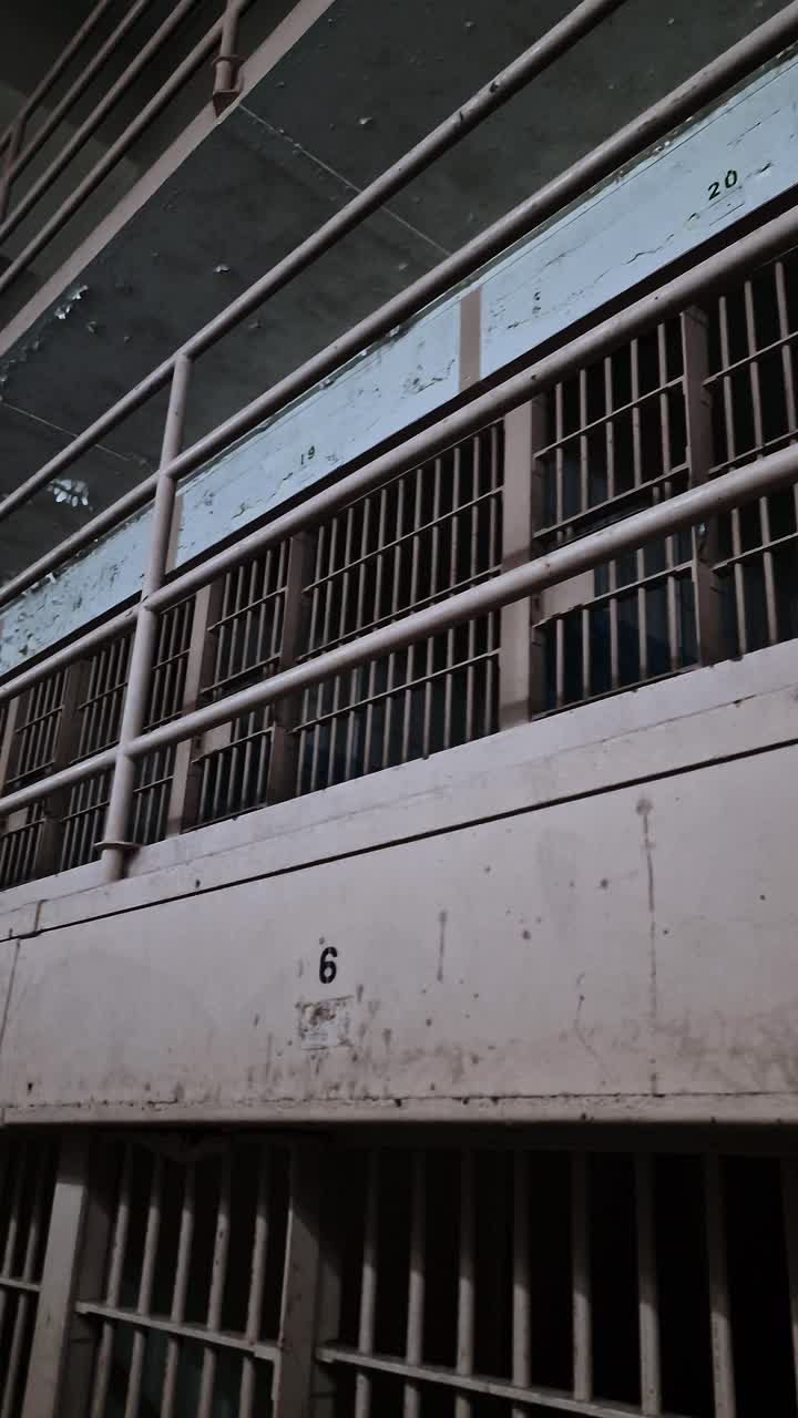 Vertical View of Alcatraz Prison Cells, Lower and Upper Levels, Panorama. California USA