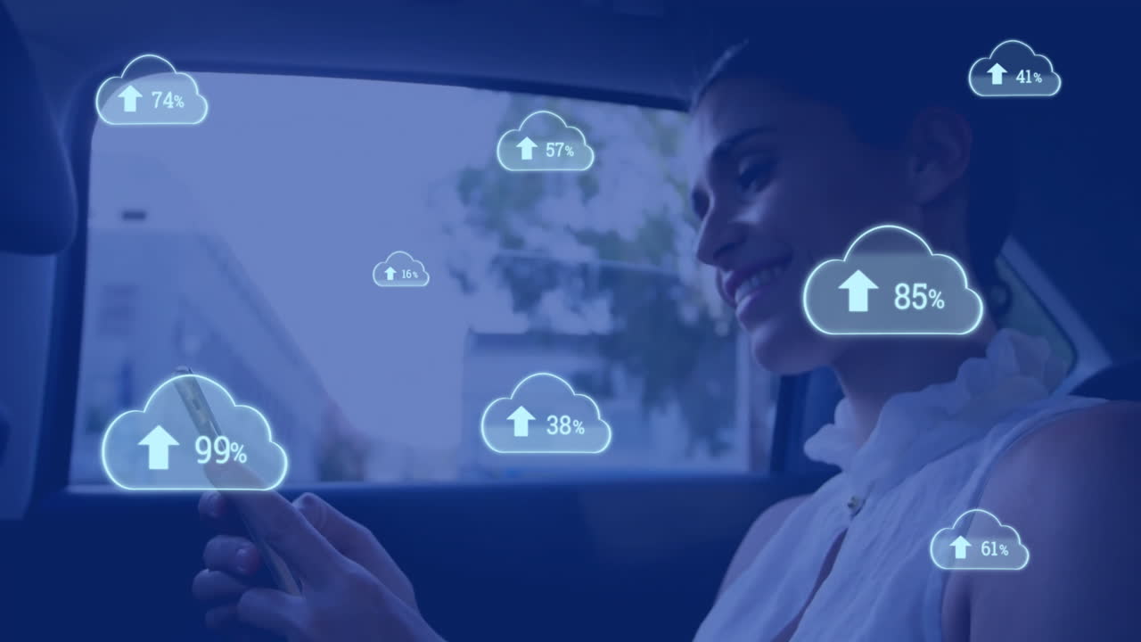 Animation of cloud icons with growing number over caucasian woman using smartphone