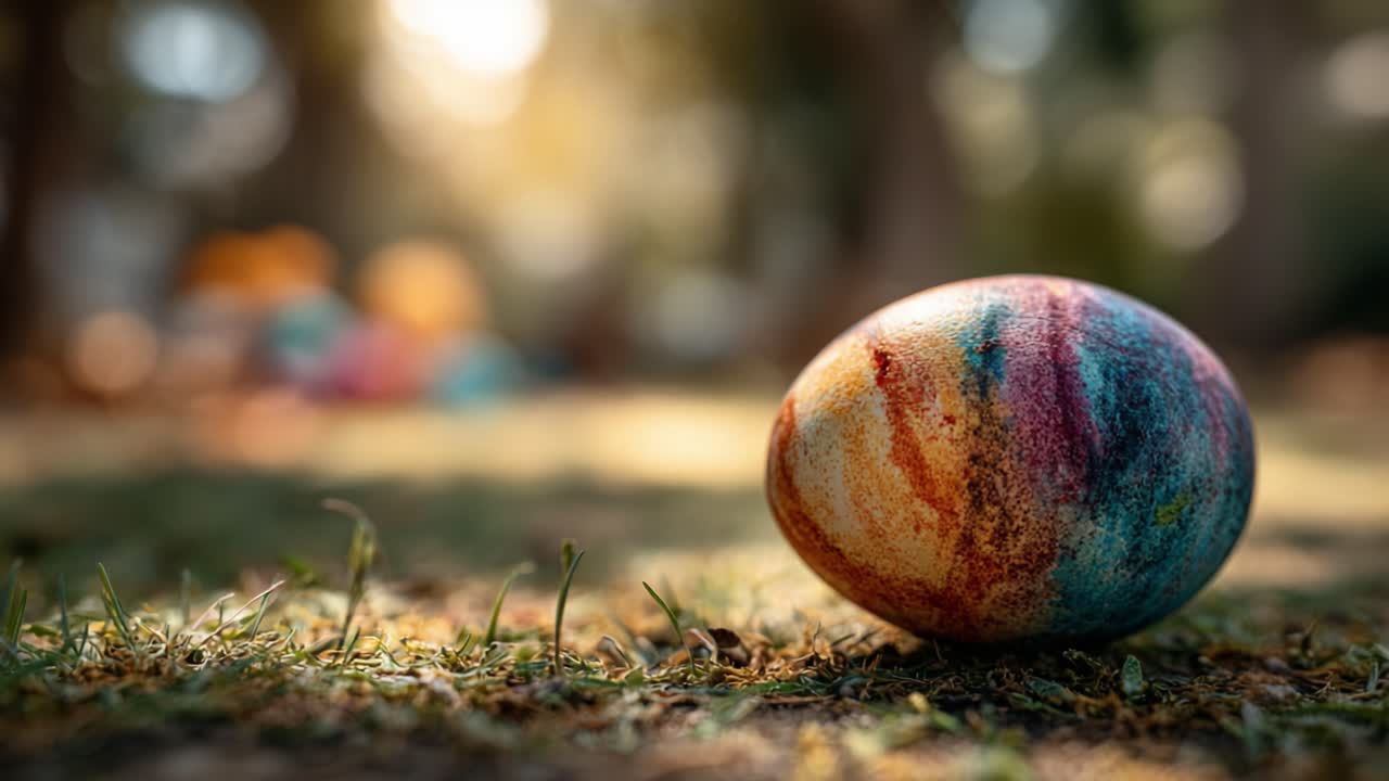 Vibrantly Colored Easter Egg Resting on Fresh Grass Under Soft Sunlight, Highlighting the Joy of Spring Celebrations and Festive Traditions in a Lush Outdoor Setting