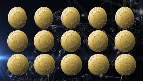 animation of nft text on golden coins and network of connections over dark background