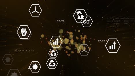 animation of renewable energy icons with programming language over lens flare