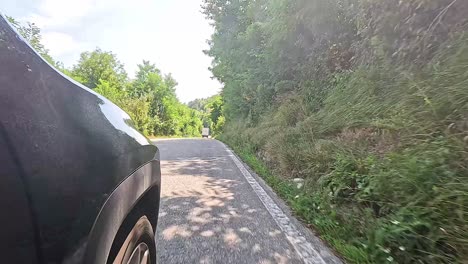 car driving through lush, green countryside