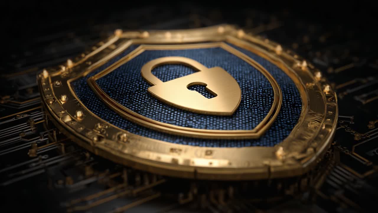Symbolizing security and trust, this golden shield with a padlock embodies protection and cybersecurity, reflecting the importance of safeguarding digital information in today’s world