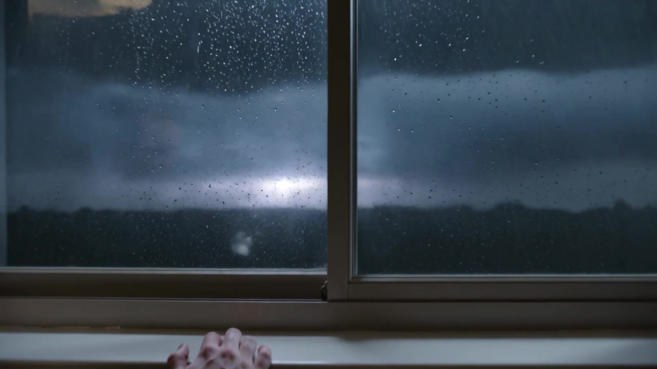 Hearing heavy rain, hands with dark sleeves sliding pane closed at room window sill, copy space