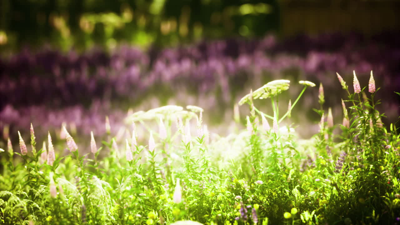 Lush purple flower field bathed in sunlight during a warm spring afternoon