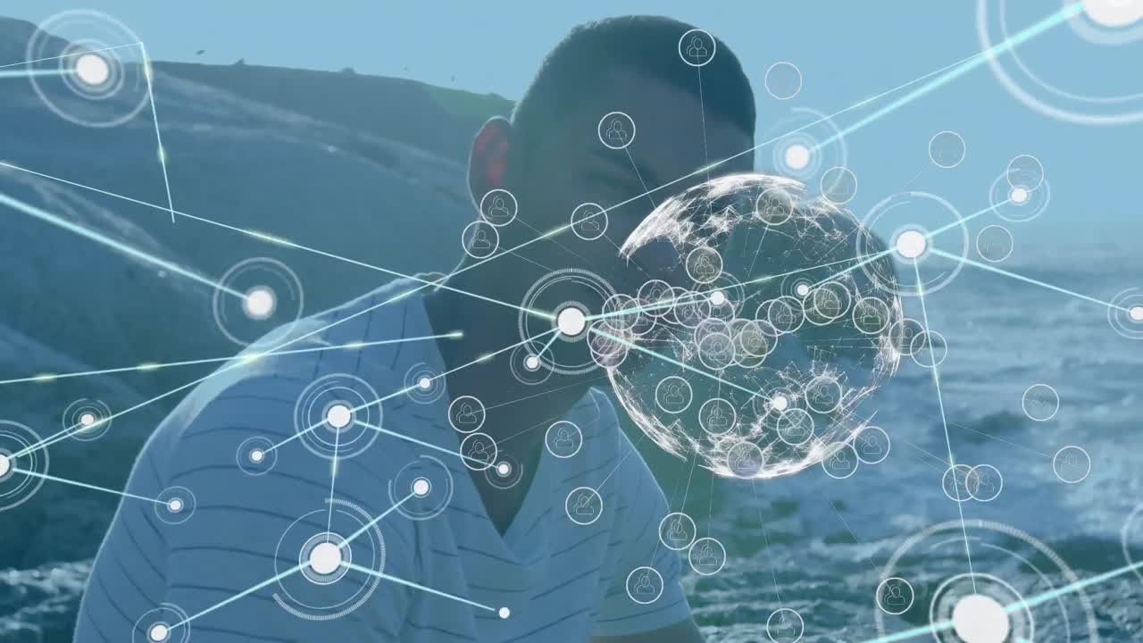 해변에서 행복한 두 인종 남성에 대한 미디어 아이콘과의 연결 네트워크의 애니메이션