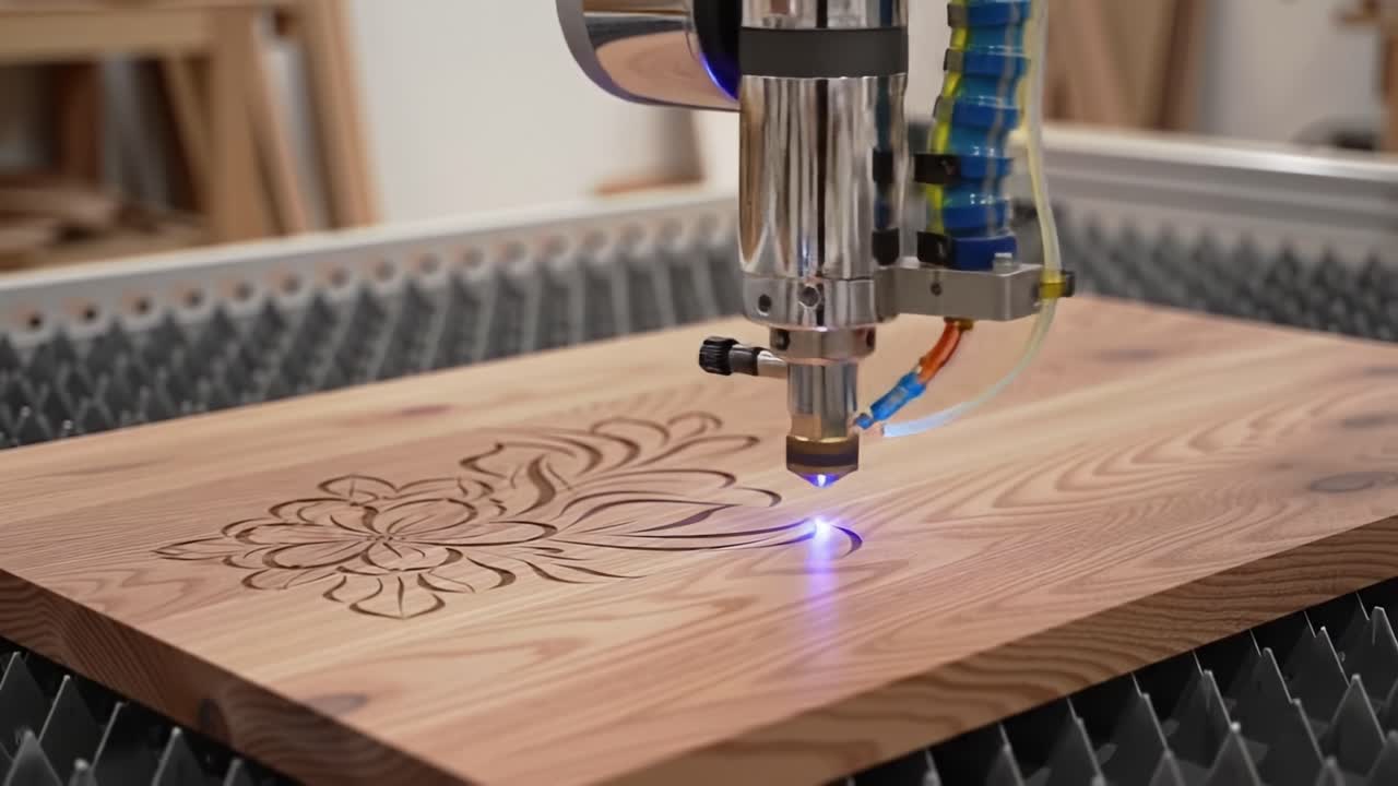 A high-precision wood engraving machine operates smoothly to carve elaborate floral patterns into a piece of cedar wood. This process showcases skilled craftsmanship and modern technology.