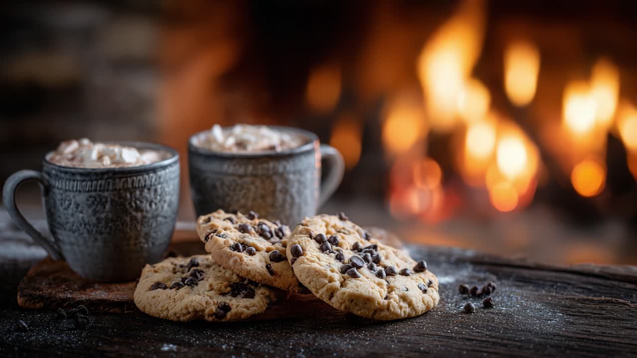 Una serata invernale accogliente accanto al camino con biscotti caldi e cioccolata calda, perfetta per il relax e il piacere durante il freddo della stagione.