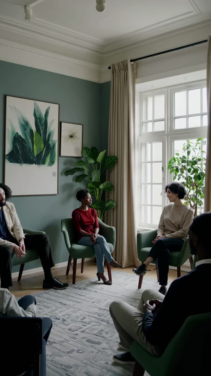 A cozy group discussion in a stylish room, captured from a side angle