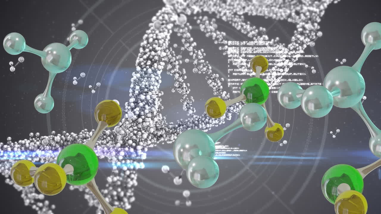 animación de micro 3d de moléculas y hebra de adn en fondo gris