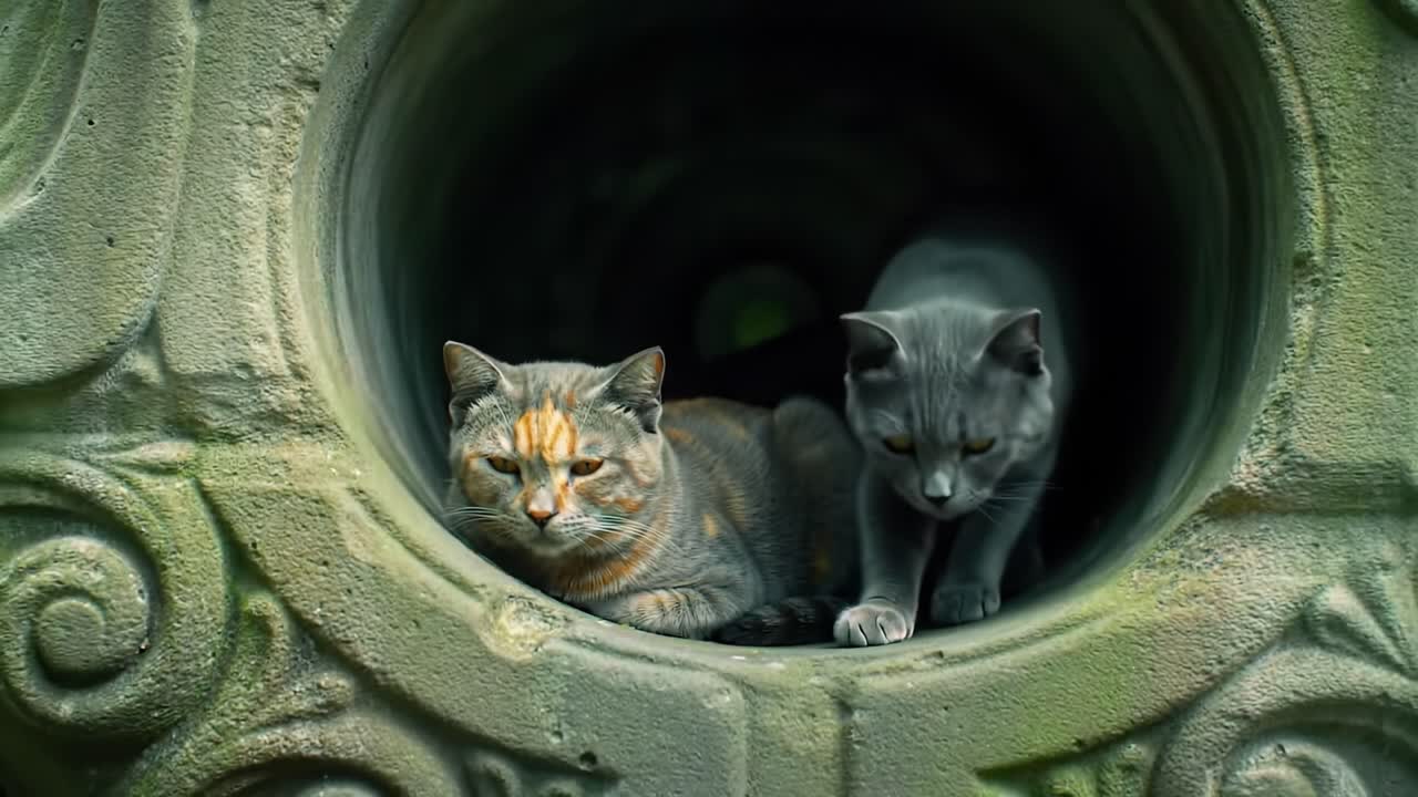 Two Cats Relaxing Together in a Circular Stone Structure, Showcasing Their Unique Fur Patterns and Calm Expressions in a Peaceful Outdoor Environment