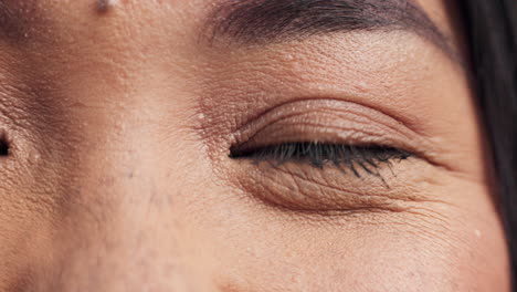 eyes, vision closeup and face with skincare