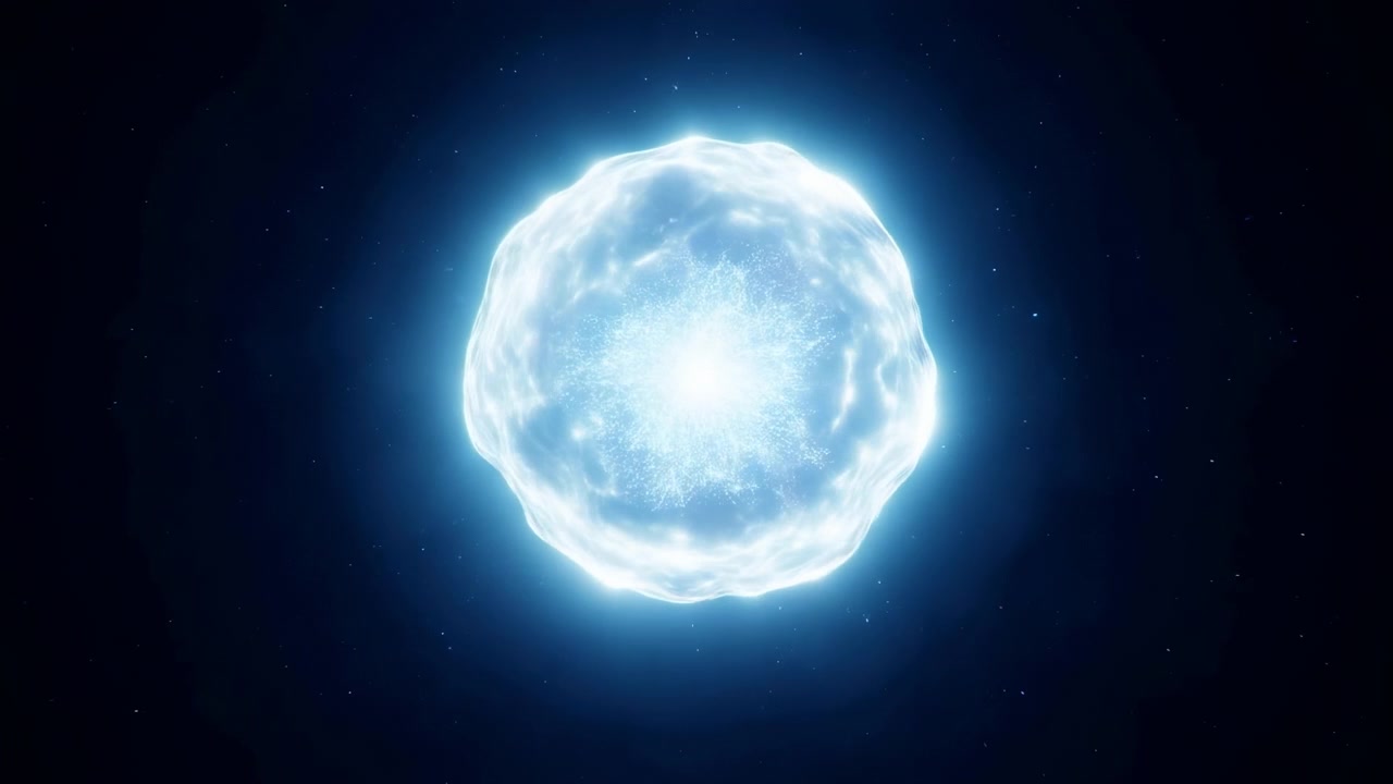 Centered luminous blue plasma sphere emits cyan-white light with a glowing halo, subtle particles and soft rim lighting against a dark starfield
