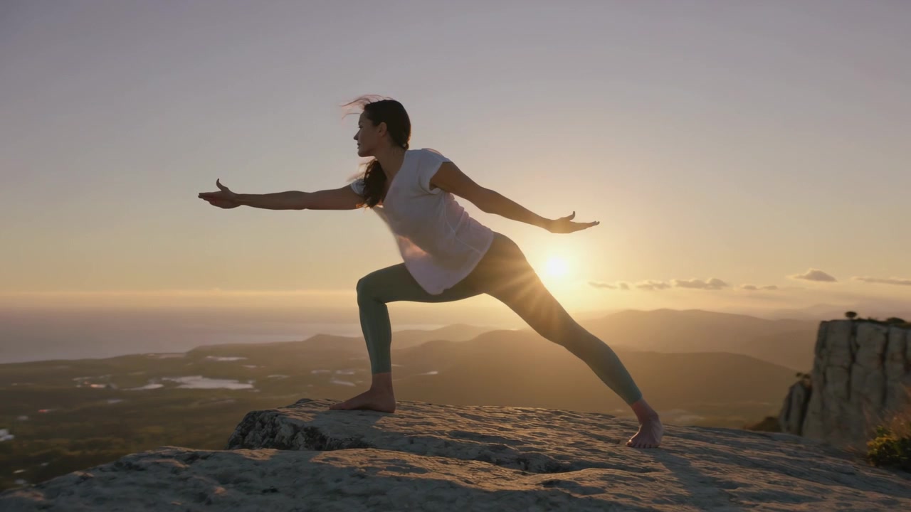 Donna in equilibrio che fa un affondo su una scogliera rocciosa mentre il sole tramonta, indossa un top bianco e leggings color verde acqua, con spazio per il testo