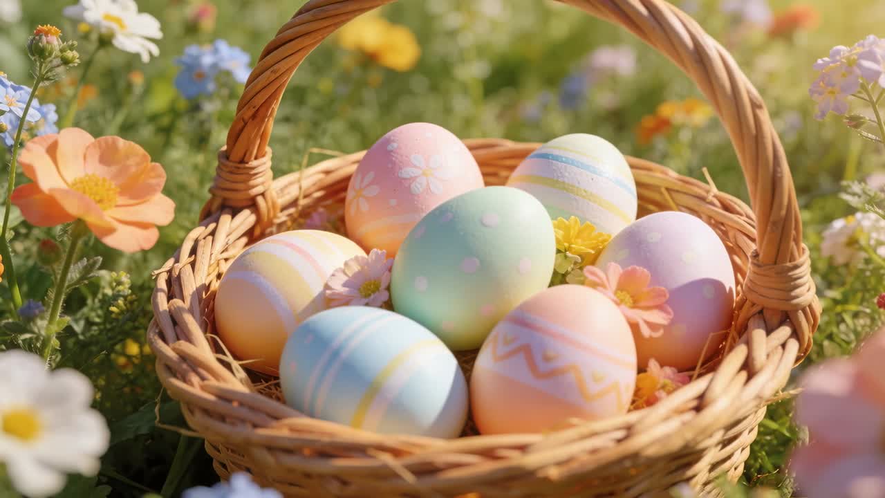 Zooming camera moving closer to woven wicker basket in meadow, revealing pastel egg patterns