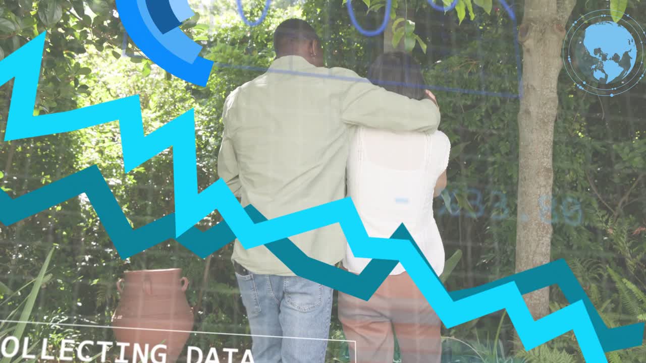 Uomo che si avvicina a una donna presentando un bouquet in giardino, con grafici HUD di dati che si animano mostrando amore.