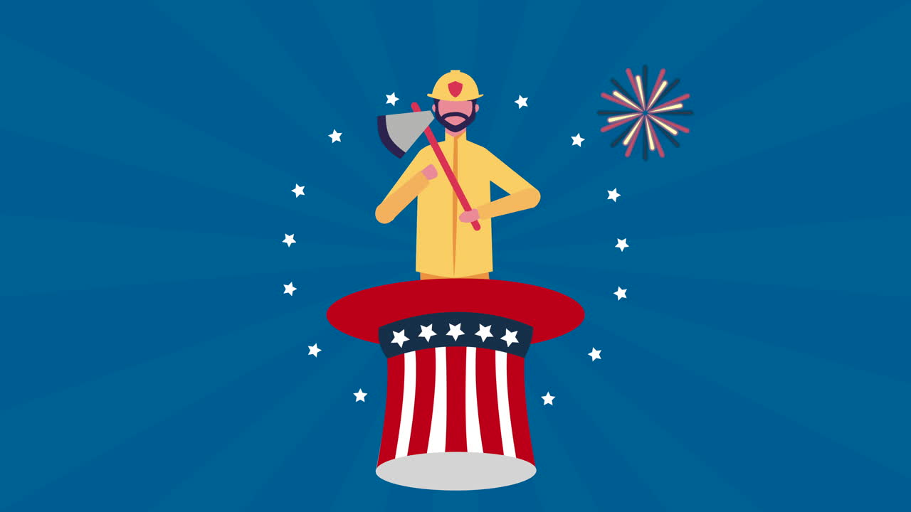 소방관 캐릭터와 함께 미국 노동의 날 축하