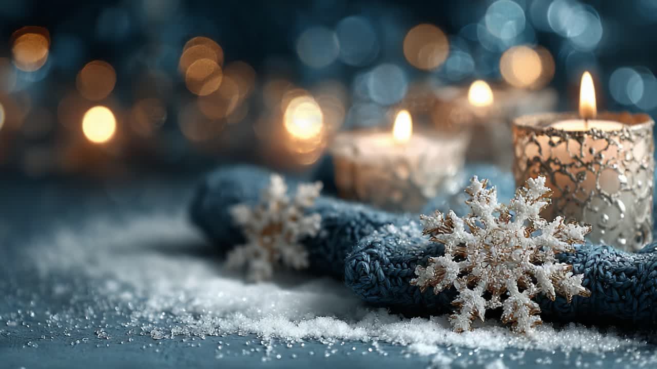 Captivating Winter Scene Featuring Glowing Candles and Frosted Snowflakes on a Cozy Blue Background, Evoking a Warm Holiday Atmosphere
