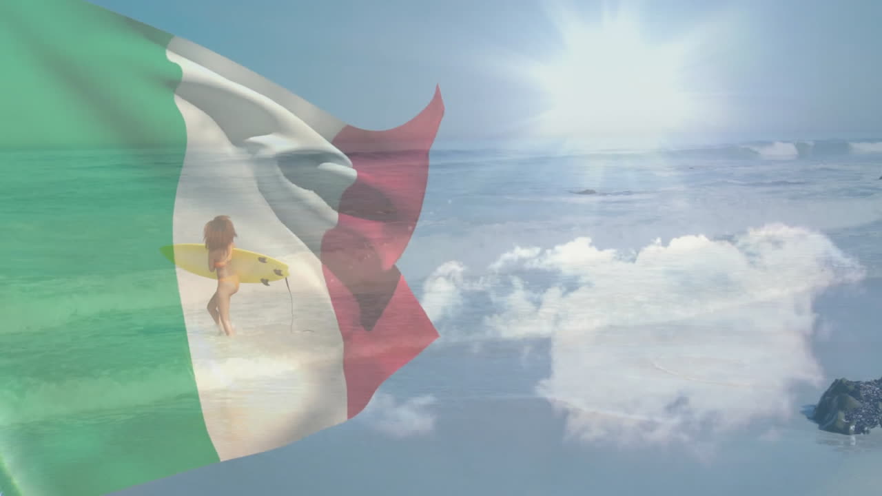 Waving Italian flag over ocean with bright sunlight in serene sky animation