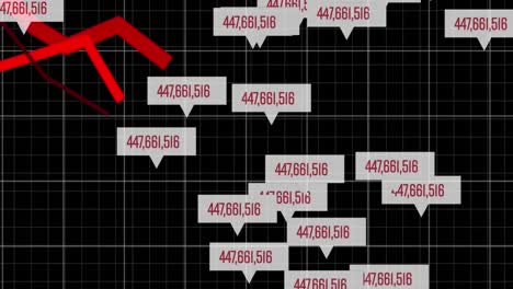 Animation-Steigender-Zahlen-über-Sprechblasen-Und-Roten-Diagrammen,-Die-Sich-Vor-Schwarzem-Hintergrund-Bewegen