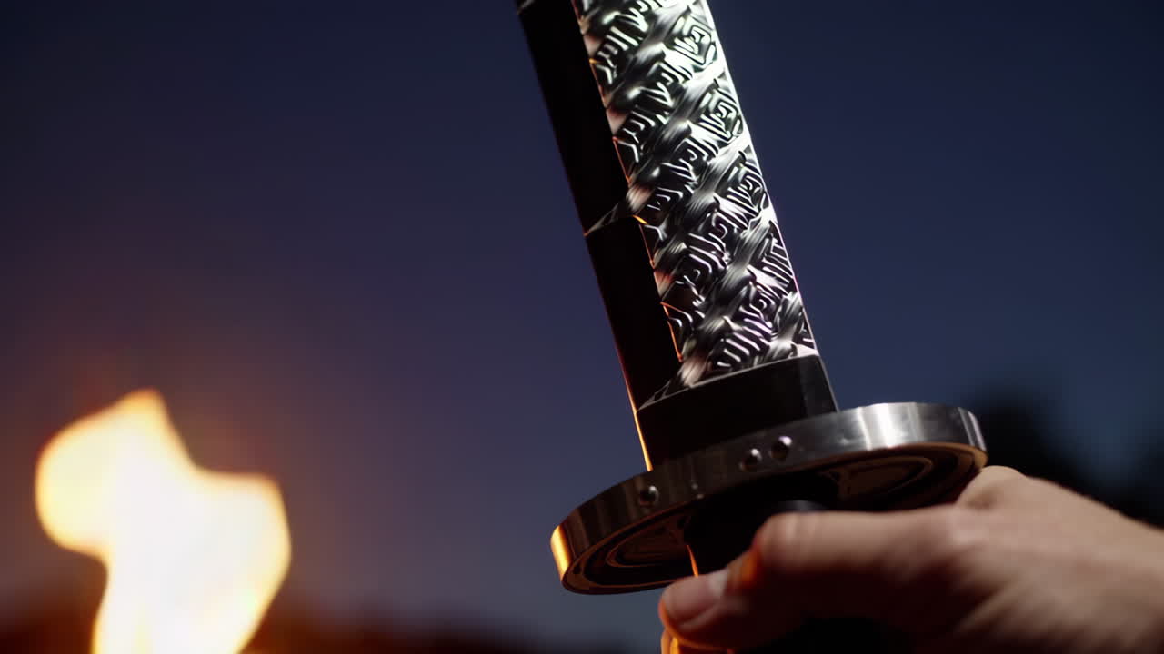 Hand holding a katana at night by a fire