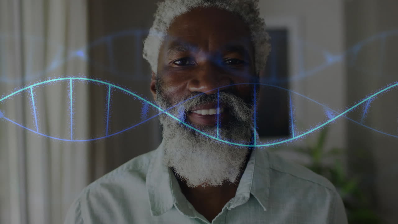 mature man looking at camera for biotech, with glowing blue holographic DNA helix overlaying face