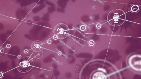 Animation-of-network-of-connections-with-digital-icons-and-dna-strand-over-covid-19-cells