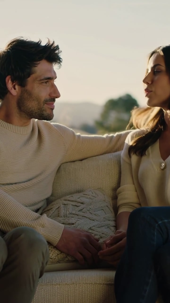 Vertical video: Touching hands, couple in sweater and cardigan sharing quiet talk on sofa, book