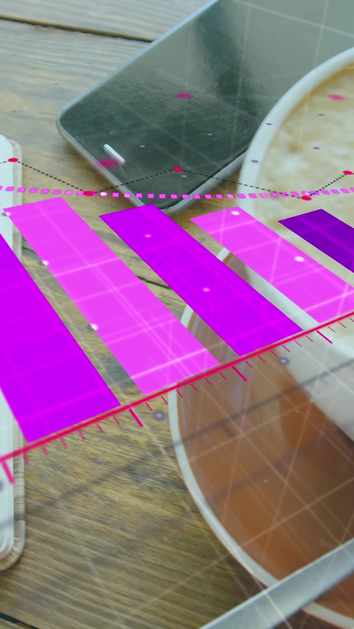 Animation of arrow on falling graph over coffee cup, notepad, pen and cellphone on table