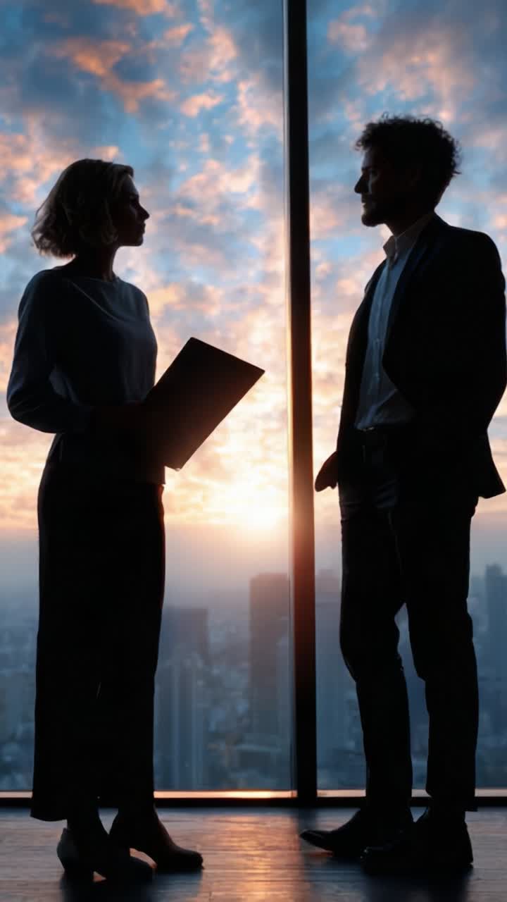 Una discussione dinamica di lavoro al tramonto: due professionisti impegnati in un attento scambio di opinioni con uno sfondo mozzafiato del paesaggio urbano