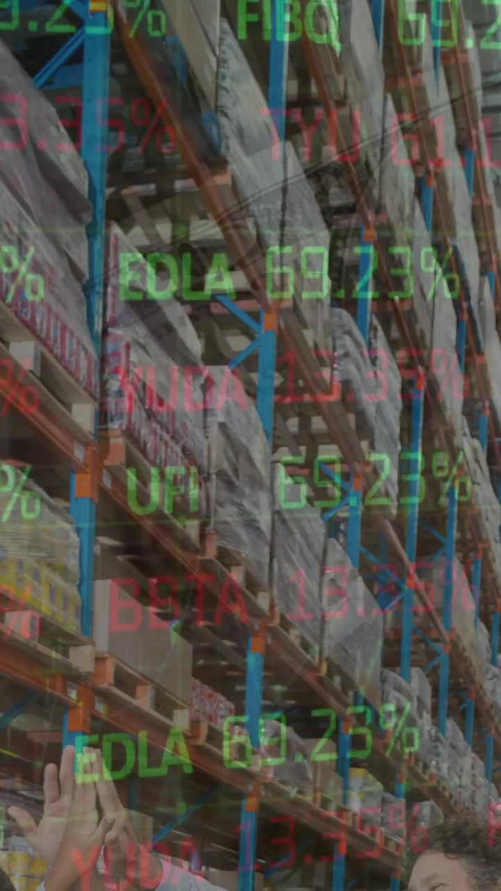 Animação de mercado de ações e processamento de dados financeiros sobre armazém vazio