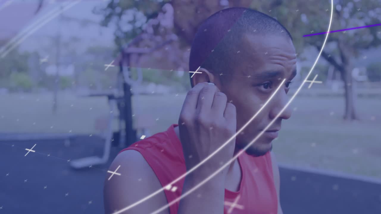 Animation of circular scope processing data over male athlete wearing wireless earphones outdoors