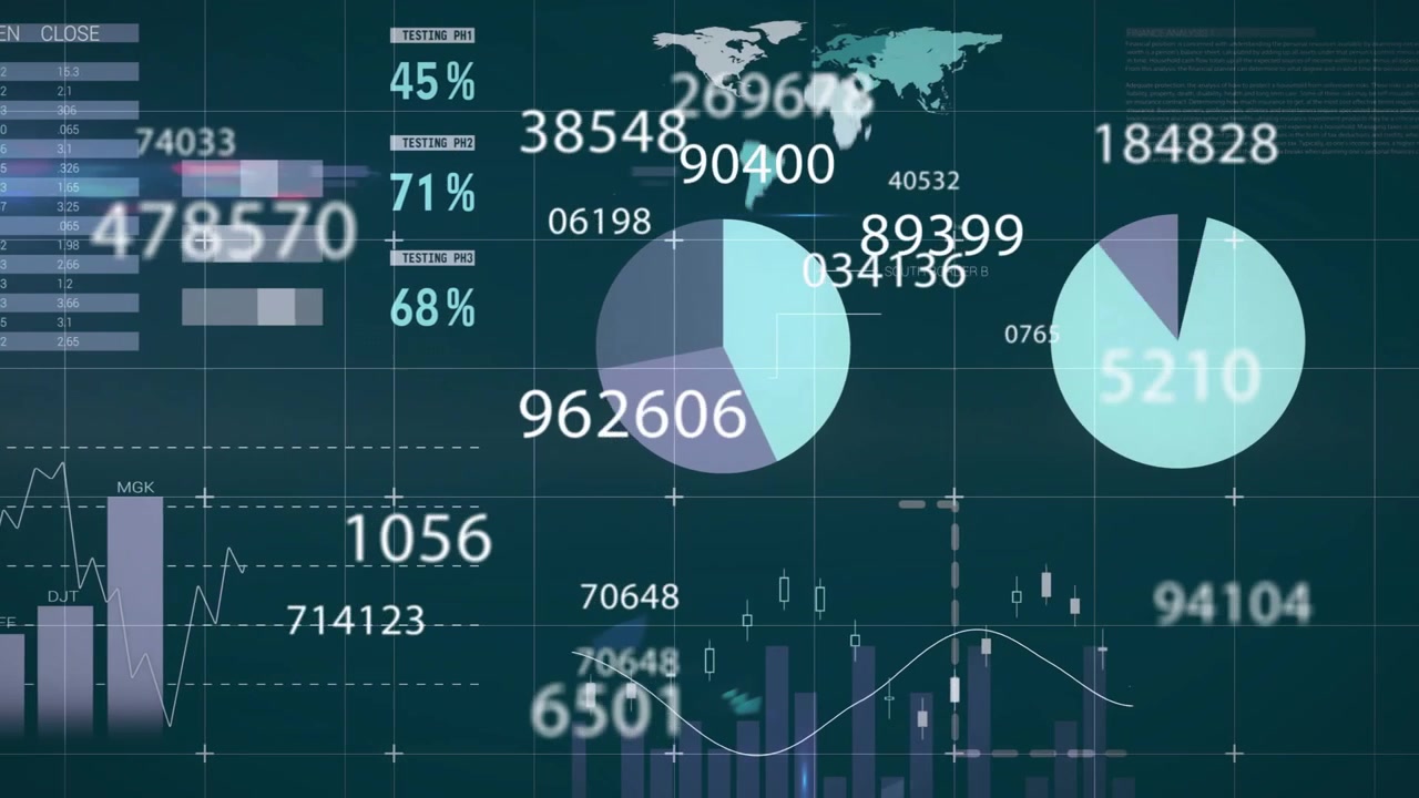 Animation of financial data processing on dark background