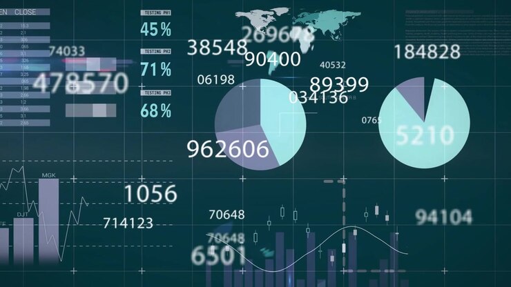 Animation of financial data processing on dark background