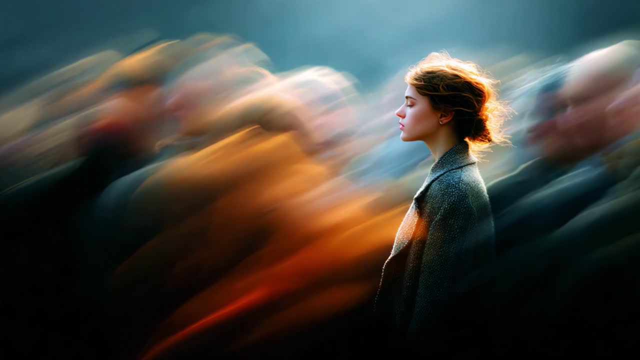 A solitary figure stands in sharp contrast against the blurred motion of a bustling crowd, embodying the theme of individuality amidst chaos in a visually striking composition