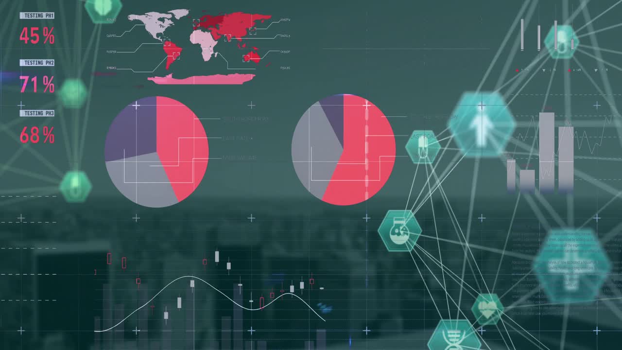 도시 풍경에 대해 회전하는 의료 아이콘의 지구의 애니메이션과 통계 데이터 처리