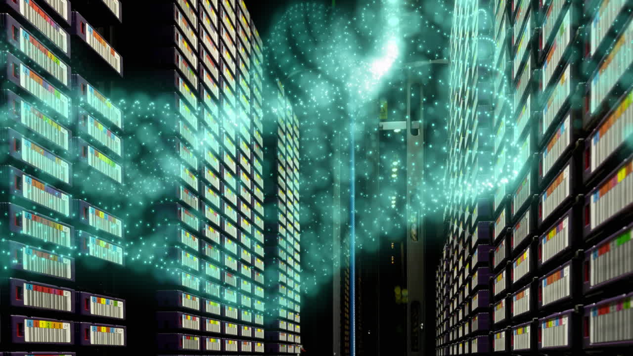 초록색 네온 디지털 파동이 높은 건물을 배경으로 합니다.