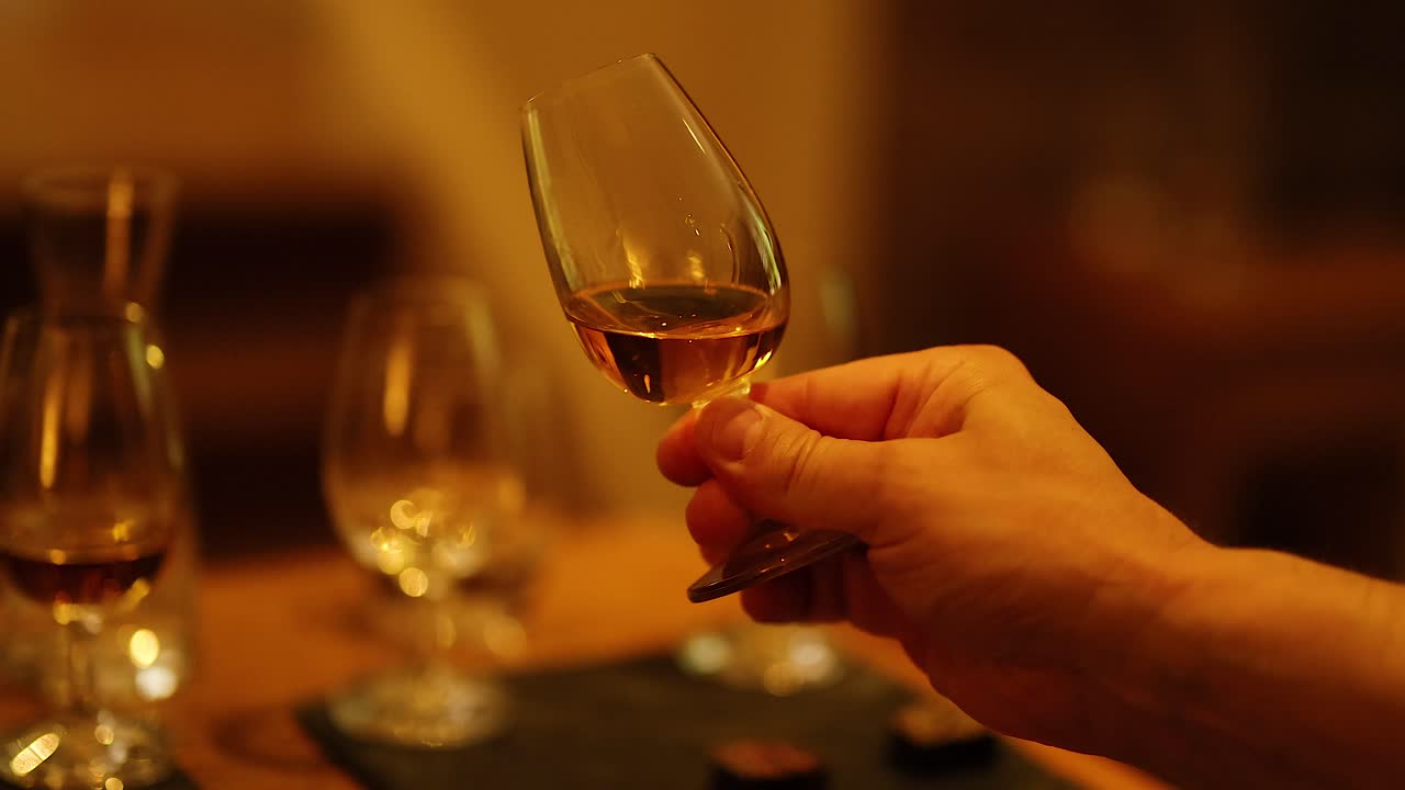 맛보기 중 위스키 컵을 손으로 회전시키는 것