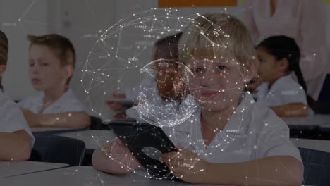 Animation-of-globe-with-network-of-connections-over-schoolboy-using-tablet