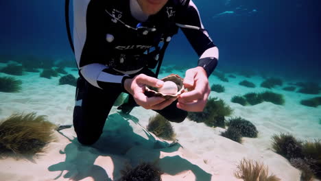 scuba diver exploring underwater reef and opening oyster