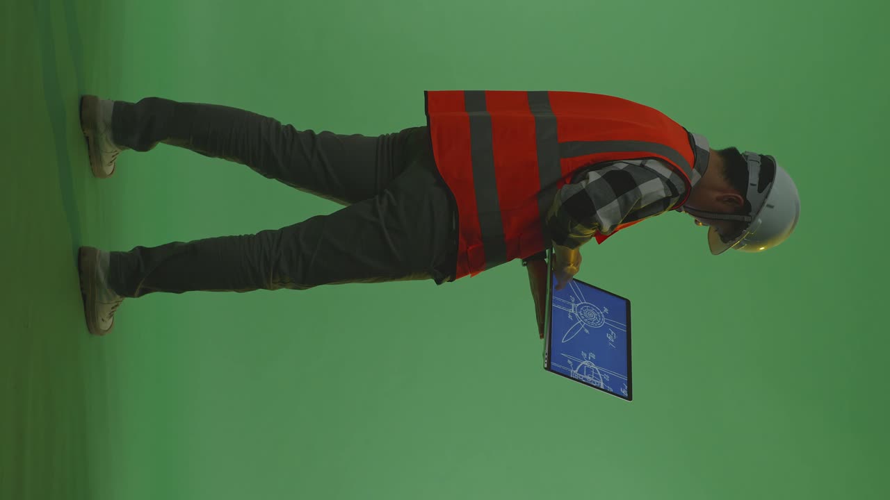 vista trasera completa del cuerpo de un ingeniero masculino asiático con casco de seguridad mirando el plano de la turbina eólica en su portátil mientras está de pie en el estudio de fondo de pantalla verde, durante la puesta o el amanecer