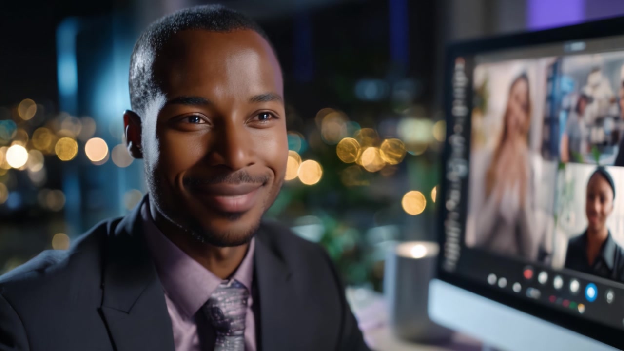 A Confident Professional Engaging in a Virtual Meeting with a Warm Smile and Clear Communication in an Office Setting at Night