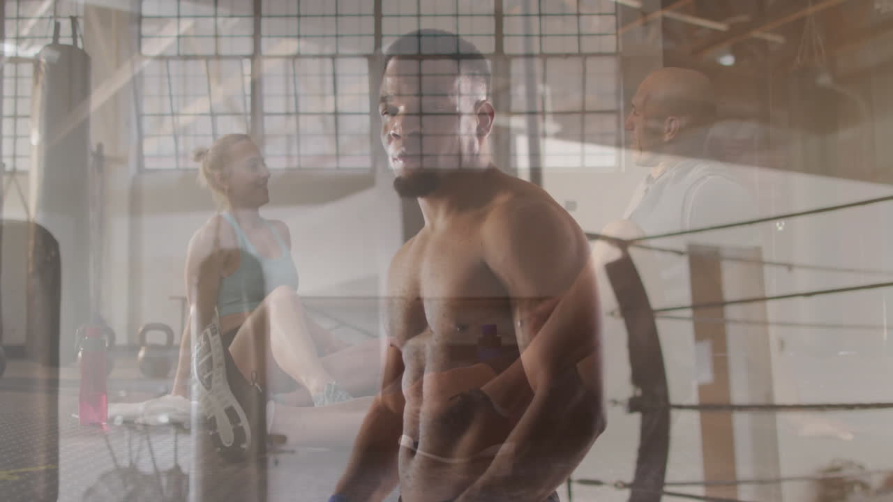 Exercising in gym, diverse people with animation of industrial windows and equipment