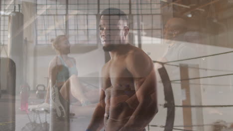 exercising in gym, diverse people with animation of industrial windows and equipment