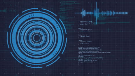 Animation-Von-Ladekreisen,-Schallwellen-Und-Computersprache-Auf-Schwarzem-Hintergrund