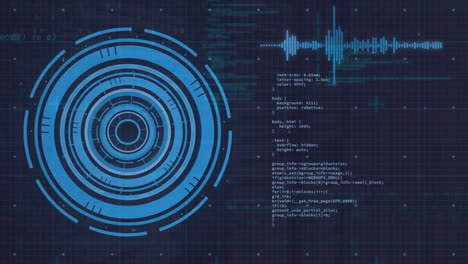 animación de círculos de carga, ondas sonoras y lenguaje informático sobre fondo negro