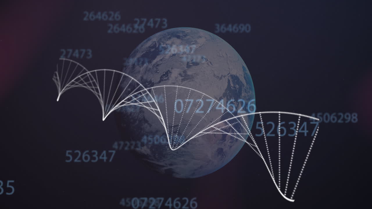 DNA structure and changing numbers against globe spinning on black background