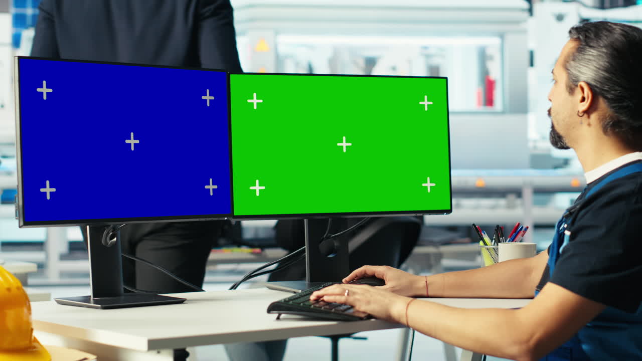 광전자 공장 엔지니어는 모형 pc에서 에너지 발전기의 모델을 구축합니다.